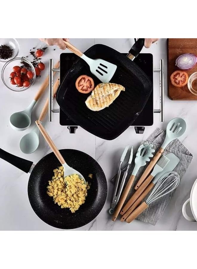 12 pieces silicone kitchen utensil set, wooden handle silicone cookware set, suitable for kitchen cooking, a set of heat-resistan, kitchen utensils, silicone tableware set, kitchen tools with storage bucket(Mint Green)  - Image 4