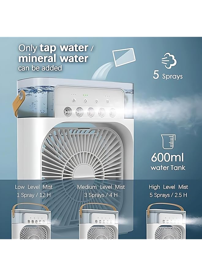 إيروريكس مكيف هواء محمول ومروحة تبريد صغيرة ومبرد هواء تبخيري ومرطب صغير ومروحة رذاذ مع 7 ألوان إضاءة LED ومؤقت 1 و2 و3 ساعات و3 سرعات للرياح و3 أوضاع للرش للمكتب والمنزل والخارج باللون الأبيض - Image 4