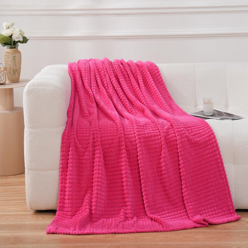 Puncuntex Flannel Fleece Throw Blanket Hot Pink 5060Super Soft Plush Cozy Blanket with 3D Jacquard Square Grid Design Luxury for Couch Sofa Chair