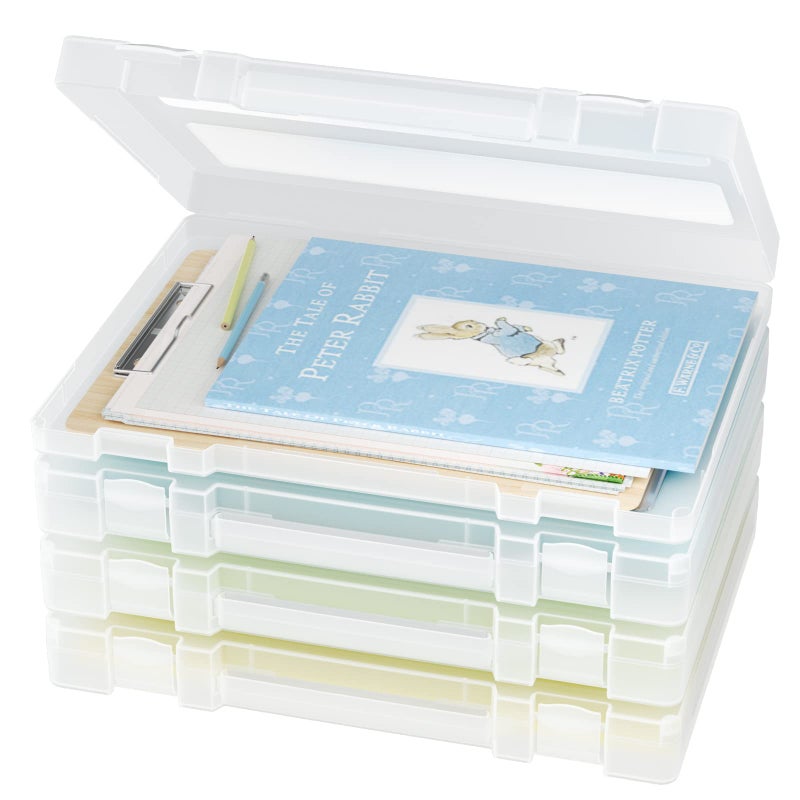 Denkee Large Paper Storage Box, 4 Pack Plastic Scrapbook Paper Storage Organizer with Handle for A4, 8.5 x 11 Paper, Portable Craft Paper Storage, Board Game Storage - Image 1