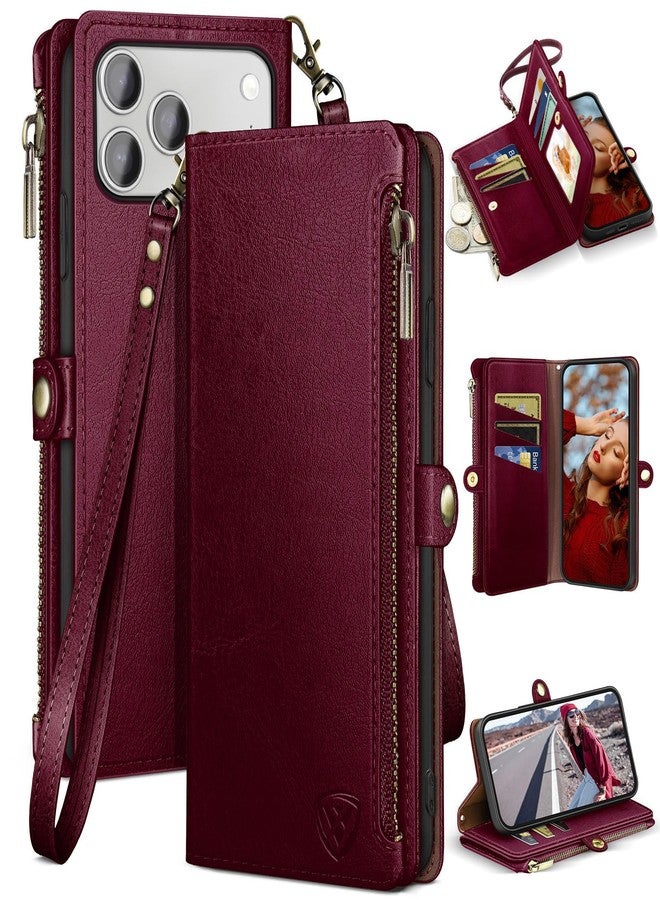 XcaseBar Compatible with iPhone 17 Pro 6.3" Wallet case with Zipper Credit Card Holder【RFID Blocking】,Flip Folio Book PU Leather Phone case Shockproof Cover Women Men for Apple 17 Pro case Wine Red - Image 1