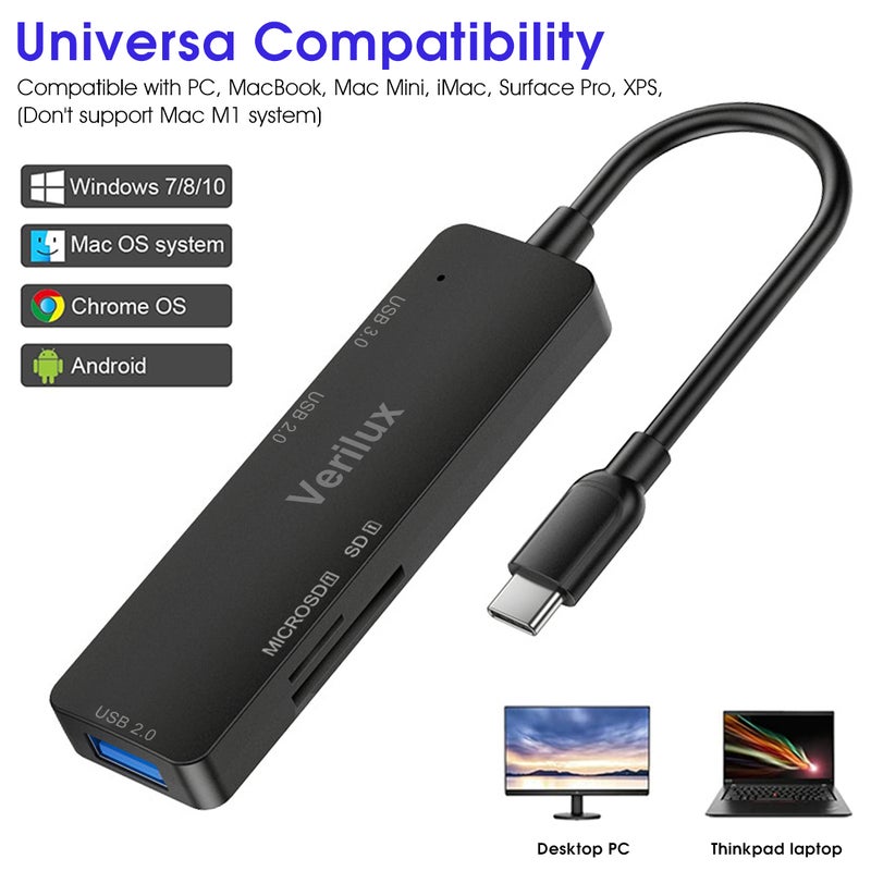 فيريلوكس هاب Verilux® 5 في 1 بموصل USB C، هاب نوع C المُحسّن 3.0، هاب USB عالي السرعة لجهاز الكمبيوتر المحمول، قارئ بطاقات TF/SD، للماك بوك، وويندوز، الهواتف الذكية من نوع C وأجهزة أخرى من نوع C (رمادي) - Image 2