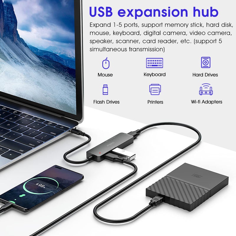 فيريلوكس هاب Verilux® 5 في 1 بموصل USB C، هاب نوع C المُحسّن 3.0، هاب USB عالي السرعة لجهاز الكمبيوتر المحمول، قارئ بطاقات TF/SD، للماك بوك، وويندوز، الهواتف الذكية من نوع C وأجهزة أخرى من نوع C (رمادي) - Image 5