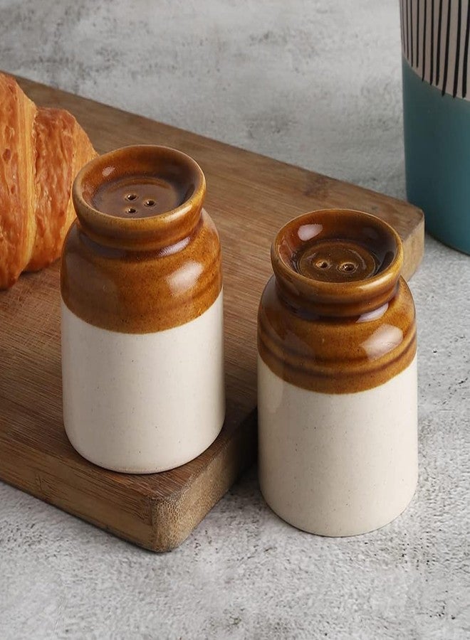Vynora Rustic Stoneware Salt and Pepper Shaker Set – Brown and Beige Ceramic Jars-60ML - Image 1