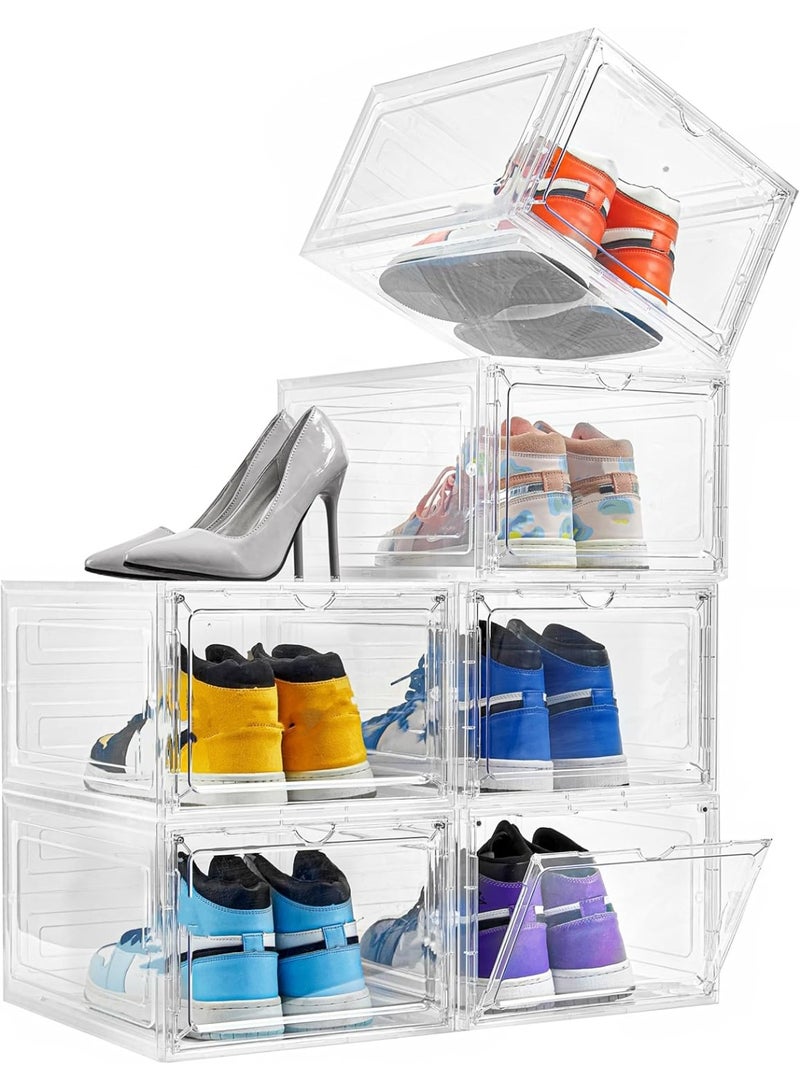 Drop Front Shoe Box, Set of 6, Stackable Plastic Shoe Box with Clear Door, For Display Sneakers, Easy Assembly, Fit up to US Size 12 (13.4”x 10.6”x 7.4”) - Image 1