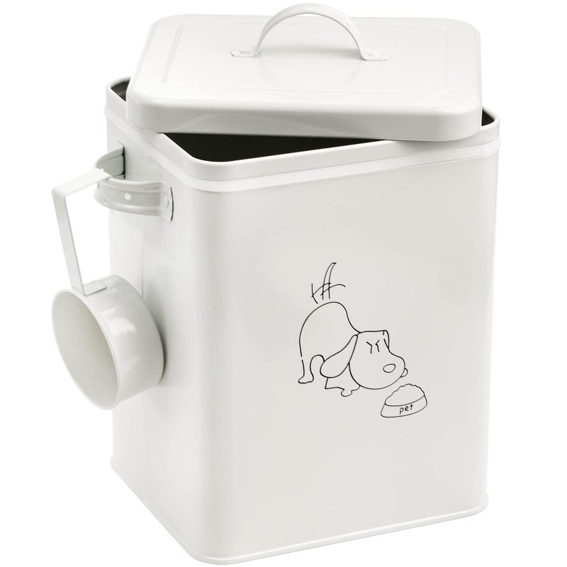SOUJOY Pet Treat and Food Storage Bin with Lid and Scoop, 5LBS White Vintage Farmhouse Storage Tin, Coated Carbon Steel Canister, Gift for Dogs Owners - Image 1