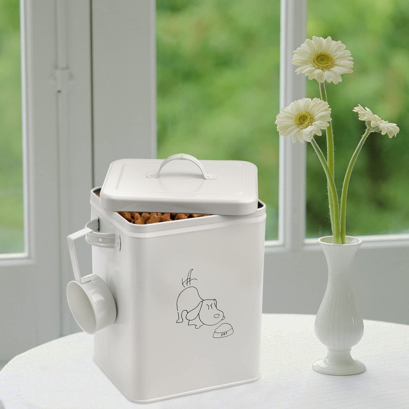 SOUJOY Pet Treat and Food Storage Bin with Lid and Scoop, 5LBS White Vintage Farmhouse Storage Tin, Coated Carbon Steel Canister, Gift for Dogs Owners - Image 5