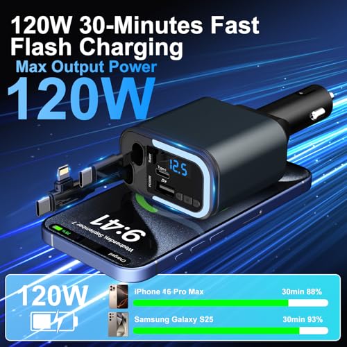 Vitog 5-in-1 120W 30-Minutes Fast Flash Charging Retractable Car Charger, Wireless Bluetooth FM Transmitter, Type-C+USB-A Car Charger Adapter, Compatible with iPhone 17/16/15/14/13 Pro Max & Android Devices - Image 2