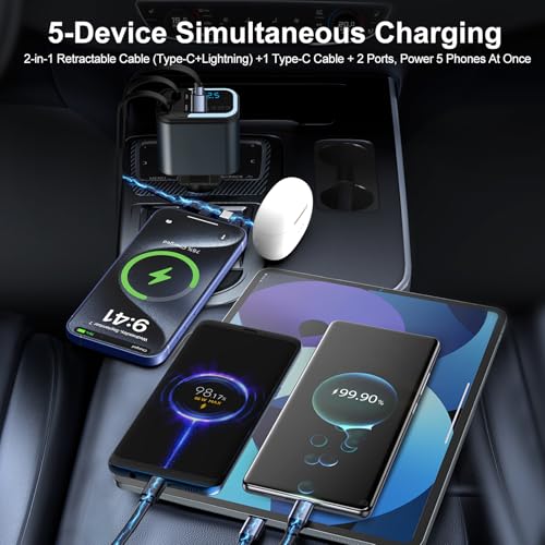 Vitog 5-in-1 120W 30-Minutes Fast Flash Charging Retractable Car Charger, Wireless Bluetooth FM Transmitter, Type-C+USB-A Car Charger Adapter, Compatible with iPhone 17/16/15/14/13 Pro Max & Android Devices - Image 4