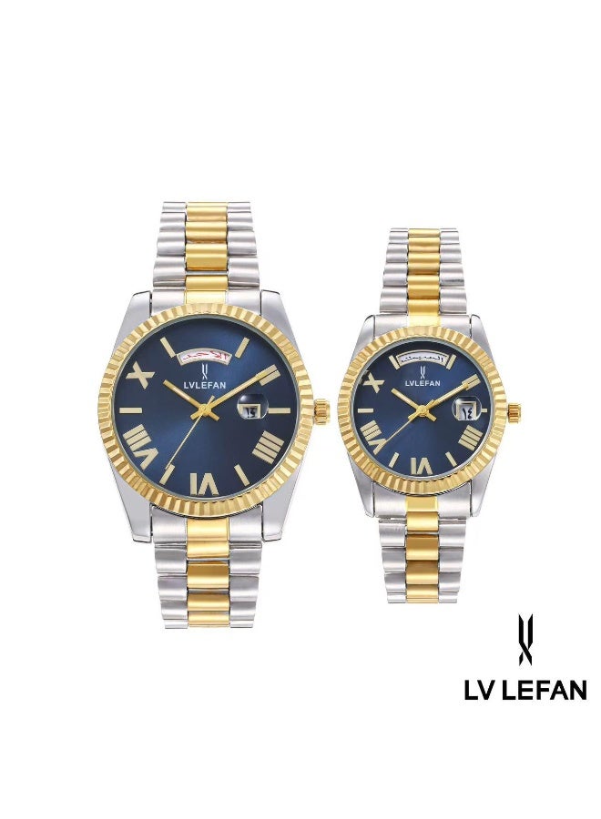 ليفان طقم ساعة يد للزوجين ضد الماء الفولاذ المقاوم للصدأ حزام زوجين الكوارتز ووتش مجموعة، الفاخرة مضيئة للماء التقويم ووتش هدية