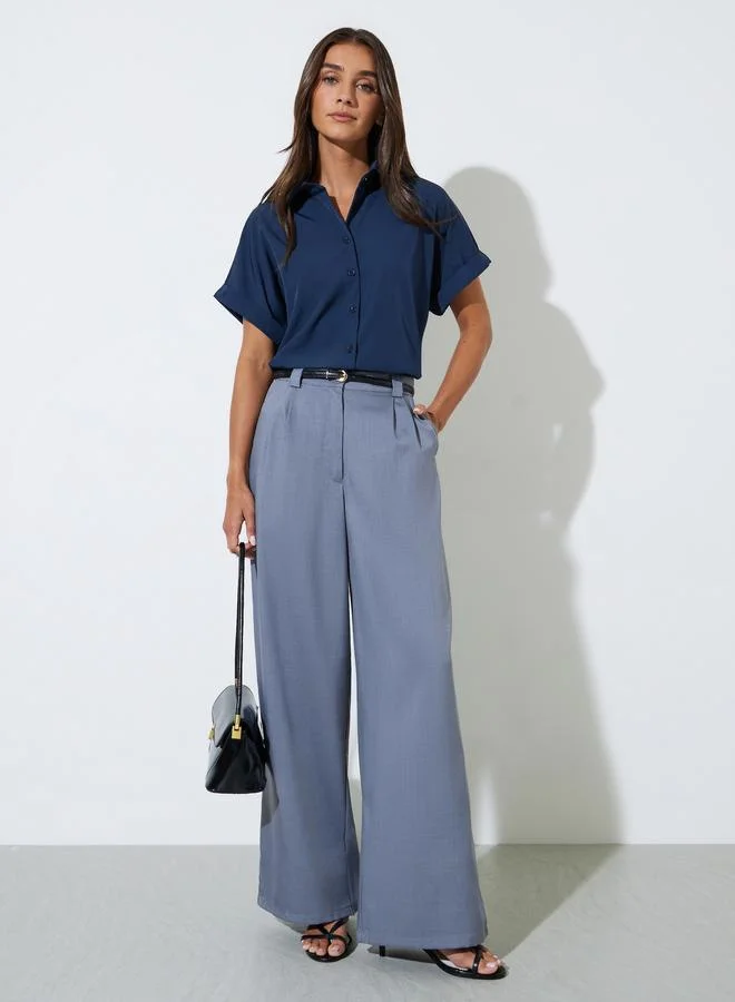 Styli Dark Blue Solid Short Cap Sleeve Shirt