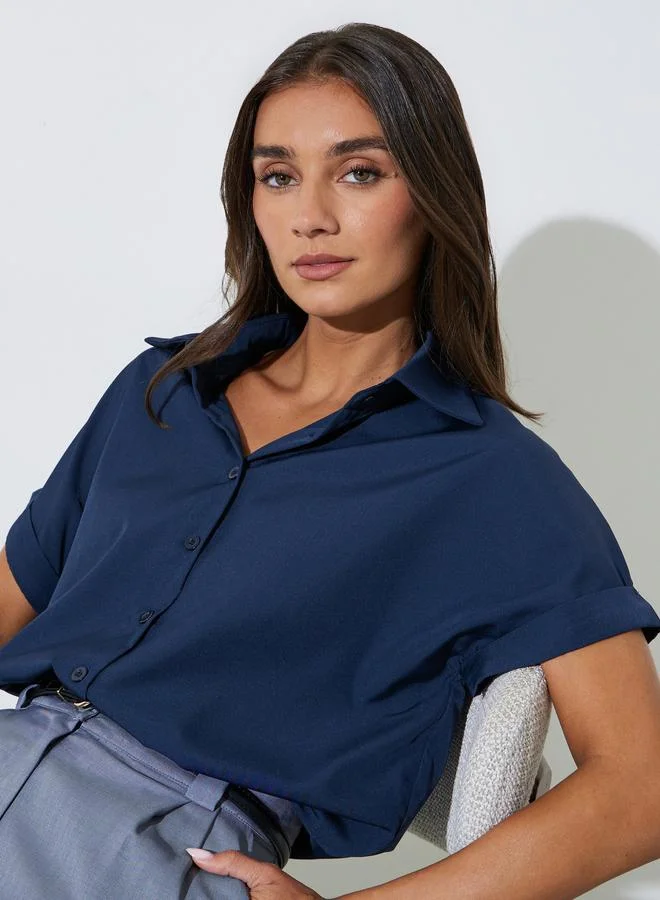 Styli Dark Blue Solid Short Cap Sleeve Shirt