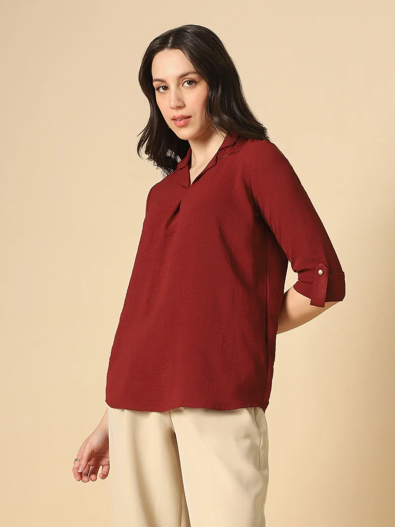 globus Globus Women Maroon Cuban Collar Roll Up Sleeves Shirt Style Workwear Shirt