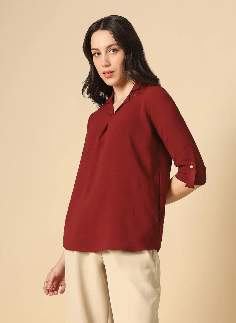 globus Globus Women Maroon Cuban Collar Roll Up Sleeves Shirt Style Workwear Shirt