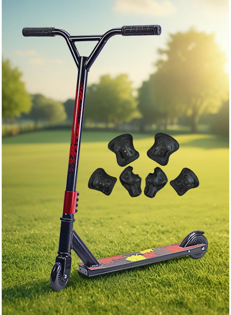 إيزي فيتشور سكوتر EASY FUTURE الاحترافي للحركات البهلوانية، مزود بشريط لاصق مانع للانزلاق وسطح من الألومنيوم - عجلتان، عجلات ألومنيوم 110 مم، مقود عريض على شكل حرف T، فرامل فولاذية، خفيف الوزن، مناسب للمبتدئين والمتوسطين، مع مجموعة معدات واقية. - Image 1