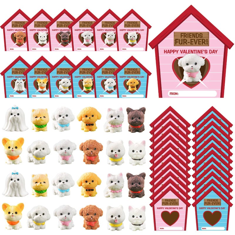 Demonwer 24 Pack Valentine's Day Gifts Mini Dog Figurines with Greeting Card Puppy Animal Figures for Valentine Party Favors Exchange Gifts - Image 1