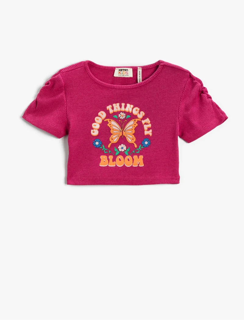 كوتون Crop T-Shirt Butterfly Printed Short Sleeve Crew Neck
