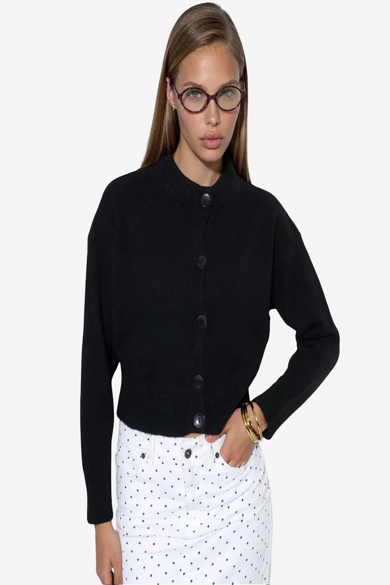 Viorna VIORNA Crop Ribbed Cardigan With Buttons