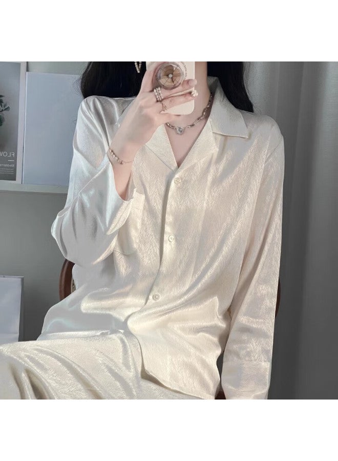 Kj New Quality Women's Pajamas White Shirt Long Sleeve Long Pants Jacquard Premium Gift Box For Girlfriend Wife - Image 1