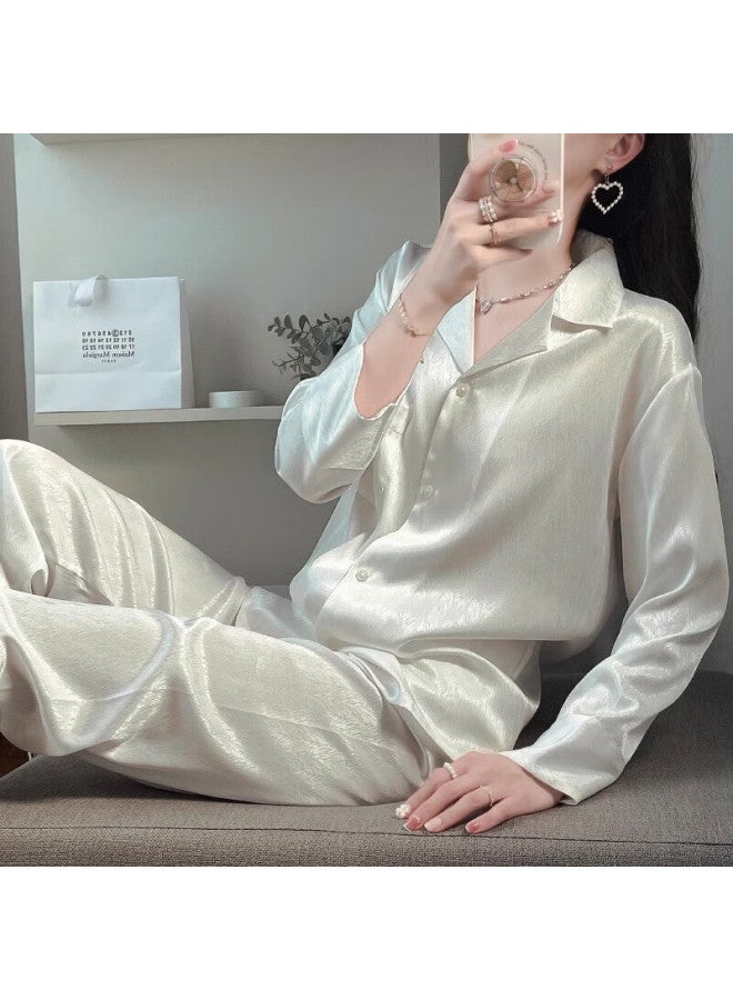 Kj New Quality Women's Pajamas White Shirt Long Sleeve Long Pants Jacquard Premium Gift Box For Girlfriend Wife - Image 2