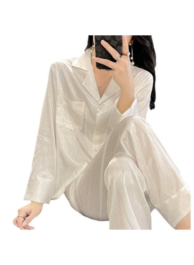 Kj New Quality Women's Pajamas White Shirt Long Sleeve Long Pants Jacquard Premium Gift Box For Girlfriend Wife - Image 4