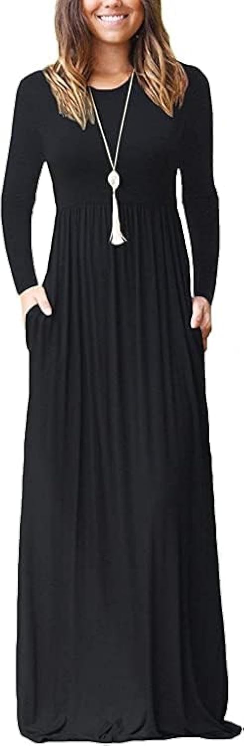 MISFAY Women's Long Sleeve Loose Plain Maxi Dresses Casual Long Dresses Pocket(Black,XL) - Image 1