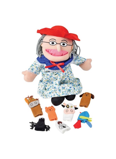 Plush "Old Lady" Doll And Animal Finger Puppet Props Set For "There Was An Old Lady Who Live Swallowed A Fly" Children'S Book, For Kids Ages 3+