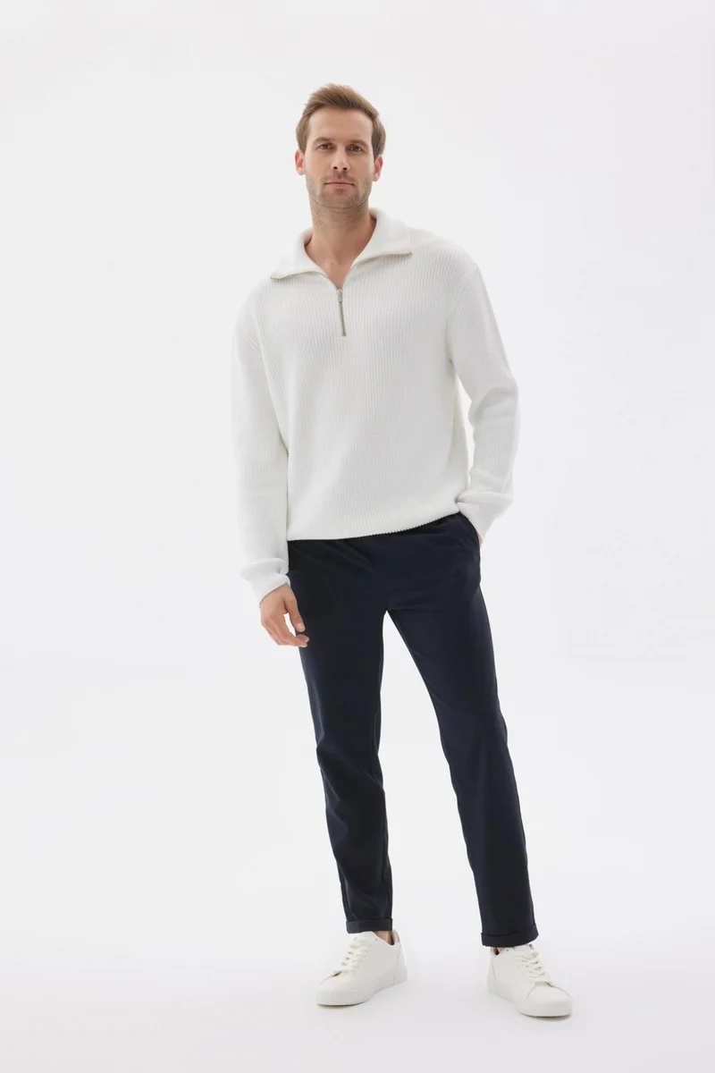 اوديلون Half Zippered Selanik Knit Regular Fit Cotton Men's Ecru Knitwear Sweater