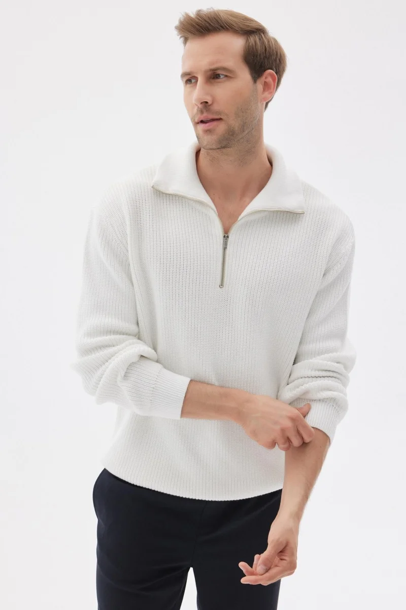 اوديلون Half Zippered Selanik Knit Regular Fit Cotton Men's Ecru Knitwear Sweater