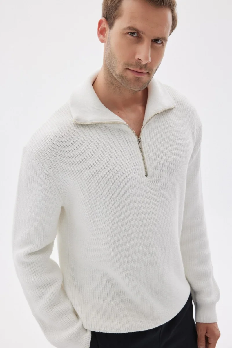 اوديلون Half Zippered Selanik Knit Regular Fit Cotton Men's Ecru Knitwear Sweater