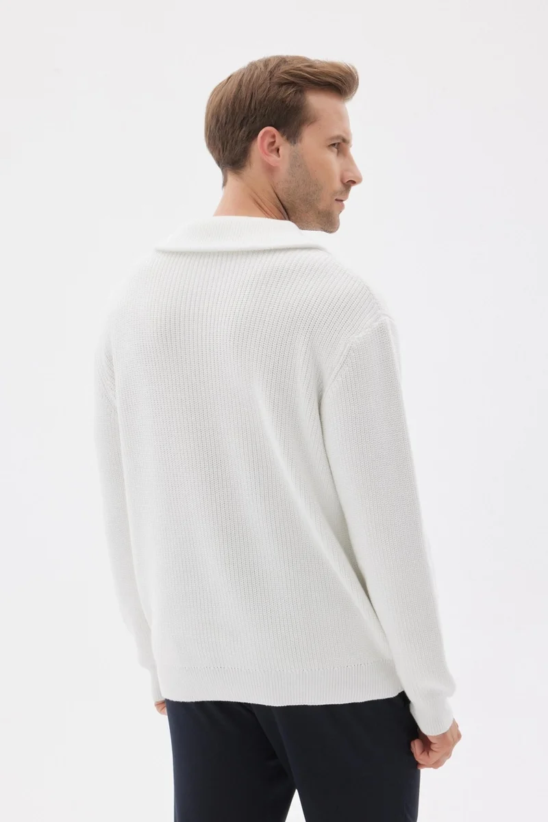 اوديلون Half Zippered Selanik Knit Regular Fit Cotton Men's Ecru Knitwear Sweater