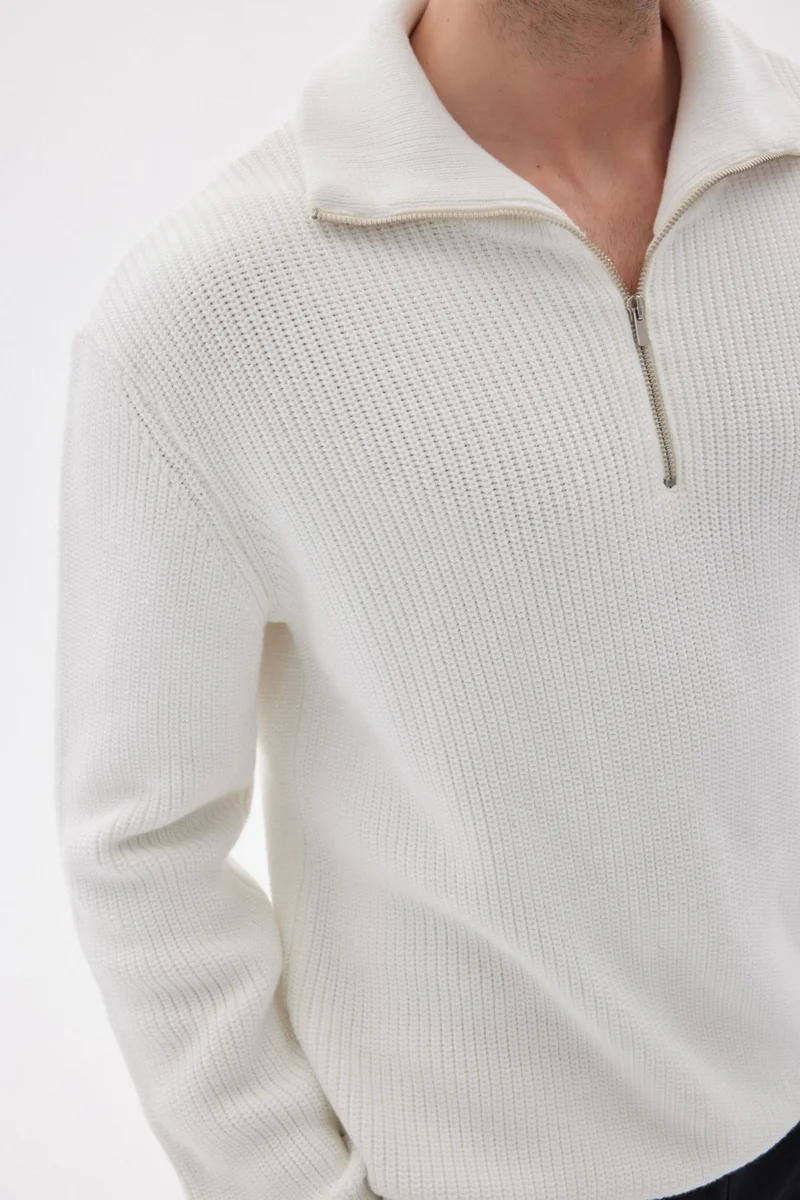 اوديلون Half Zippered Selanik Knit Regular Fit Cotton Men's Ecru Knitwear Sweater