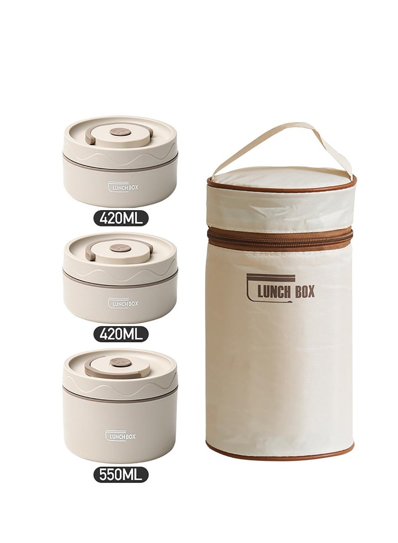 XiuWoo 3 Layer Stainless Steel Thermal Bento Box Leakproof Lunch Box,Portable Insulated Lunch Container Set With Bag For Adults, Kids Stackable Food Container (beige,2 pc420ml and 1pc 550ml)  - Image 1