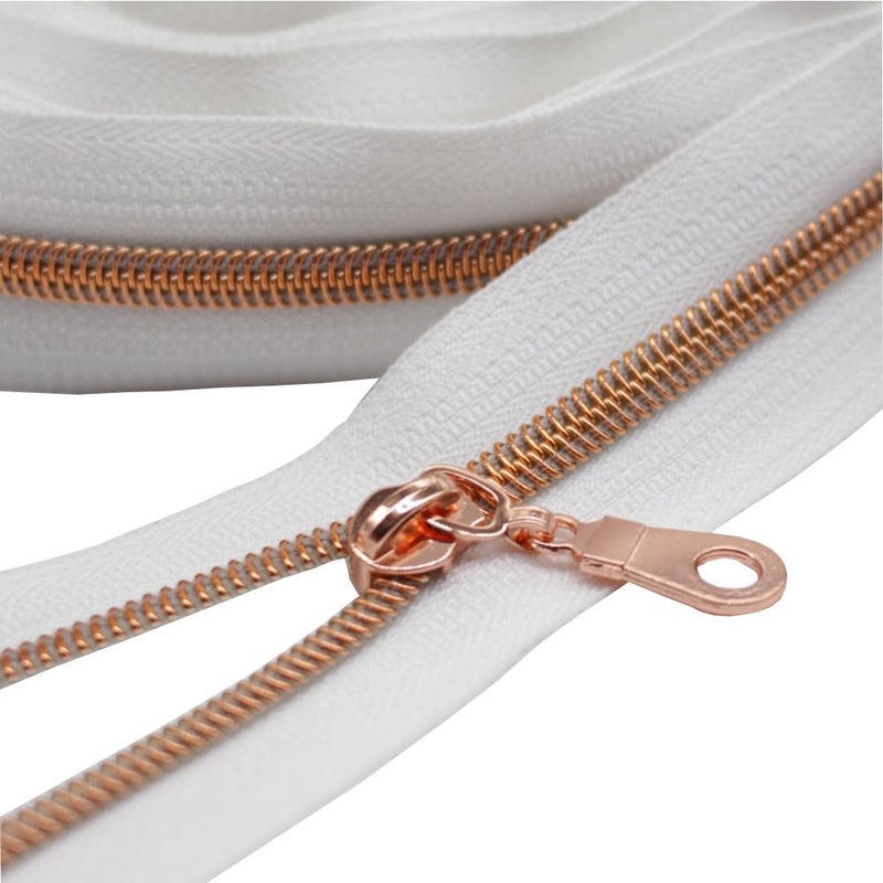 YaHoGa 5 Rose Gold Metallic Nylon Coil Zippers by The Yard Bulk White Tape 10 Yards with 25pcs Pulls for DIY Sewing Tailor Craft Bag White