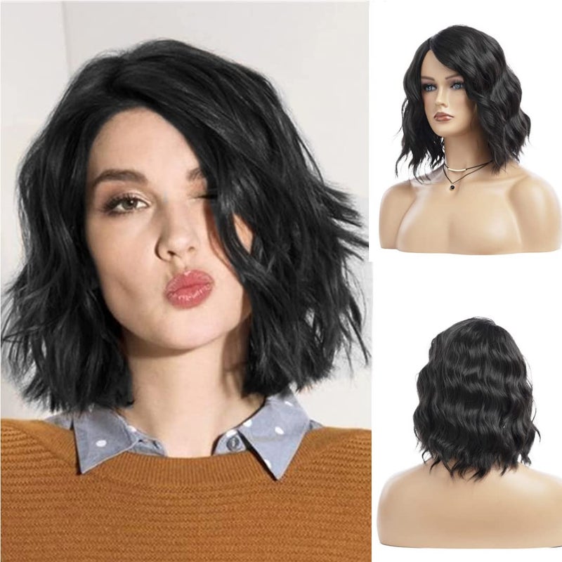 Wiwige Short Wavy Black Bob Wig for Women Synthetic Heat Resistant Side Part Halloween Cosplay Wig