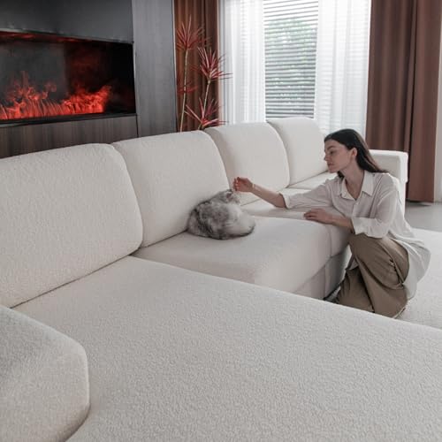 OHSIO Couch Cushion Covers for Sectional Sofa Stretch Soft Sofa Slipcovers Washable WearResistant Universal Furniture Protector for Living Room2 Seaters Covers1 Chaise Cover Ivory