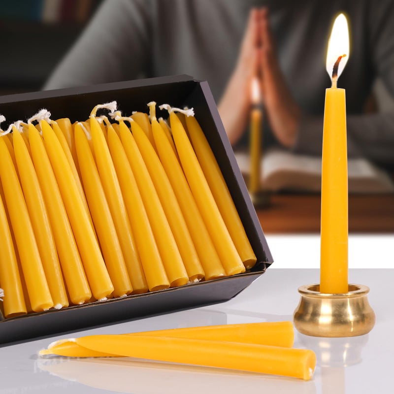 Uniteland 70Pcs Beeswax Candles 30 Minute Meditation Candles, Mini Taper Candles with Brass Candle Holders, Prayer Candle Gift for Yoga Relaxation - Image 1