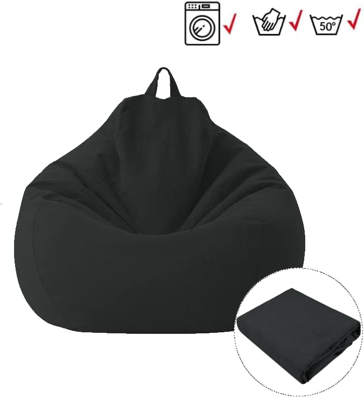 KODENG Large Small Lazy Sofas Cover Chairs Without Filler Linen Cloth Lounger Seat Bean Bag Pouf Puff Couch Tatami Living Room Beanbags (Black, 70x80cm) - Image 4