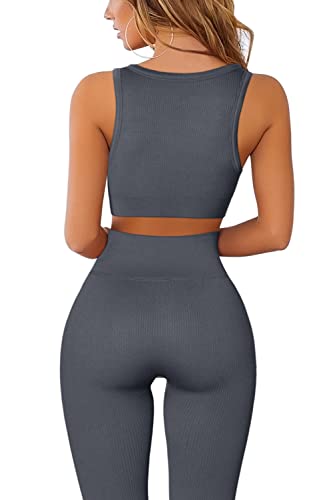 QINSEN Women Workout 2 Piece Outfits High Waist Legging Gym Yoga Bodycon Sports Crop Tank Sets Dark Grey L - Image 2