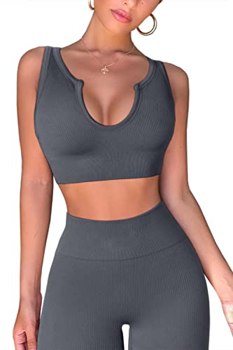 QINSEN Women Workout 2 Piece Outfits High Waist Legging Gym Yoga Bodycon Sports Crop Tank Sets Dark Grey L - Image 3