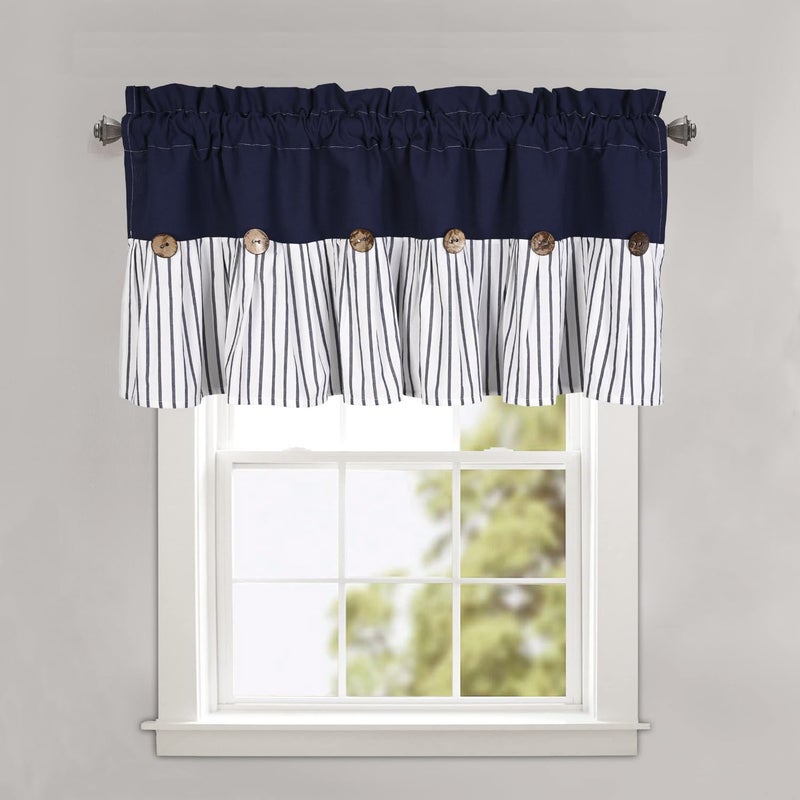 DOSLY IDÃ‰ES Farmhouse Navy Blue Button Valance, Striped Pleated Design with Coconut Buttonsï¼ŒMulti-Room Window Treatment for Kitchen Living Room Bedroom, 52" W x 18" L - Image 1