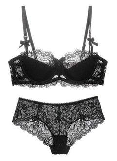 Comfy Thin Cup 1/2 Cup Lace Bra And Panty Set Black