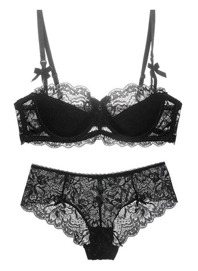 Loquat - Comfy Thin Cup 1/2 Cup Lace Bra And Panty Set Black - Image 1