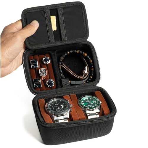 RIGICASE 2 slots Watch travel case, with accessories compartment for rings cufflinks watch band, Hard Portable Watch box holder Organizer with soft pillow fit up to 55mm - Image 1