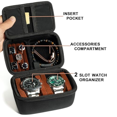 RIGICASE 2 slots Watch travel case, with accessories compartment for rings cufflinks watch band, Hard Portable Watch box holder Organizer with soft pillow fit up to 55mm - Image 3