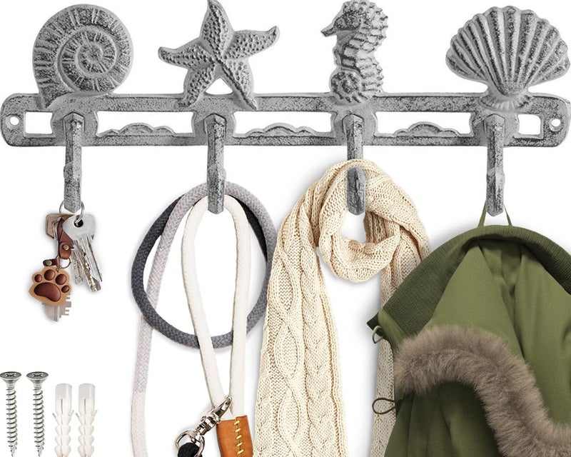 Vintage Seashell Coat Hook Hanger Rustic Cast Iron Wall Hanger w4 Decorative Hooks Includes Screws and Anchors Beach House Decor Antique White