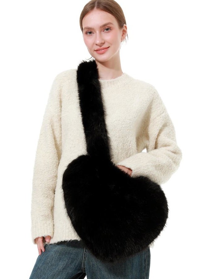 LA CARRIE Women's Faux Fur Heart Shaped Shoulder Bags Crossbody Bag Fluffy Handbags Furry Y2k Tote Purses, Black, One size - Image 2
