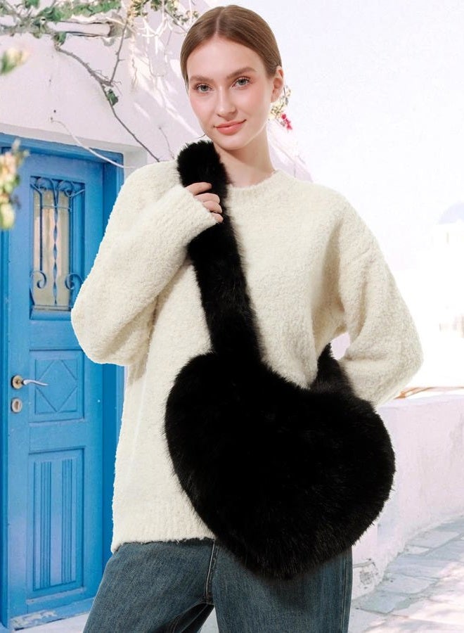 LA CARRIE Women's Faux Fur Heart Shaped Shoulder Bags Crossbody Bag Fluffy Handbags Furry Y2k Tote Purses, Black, One size - Image 3