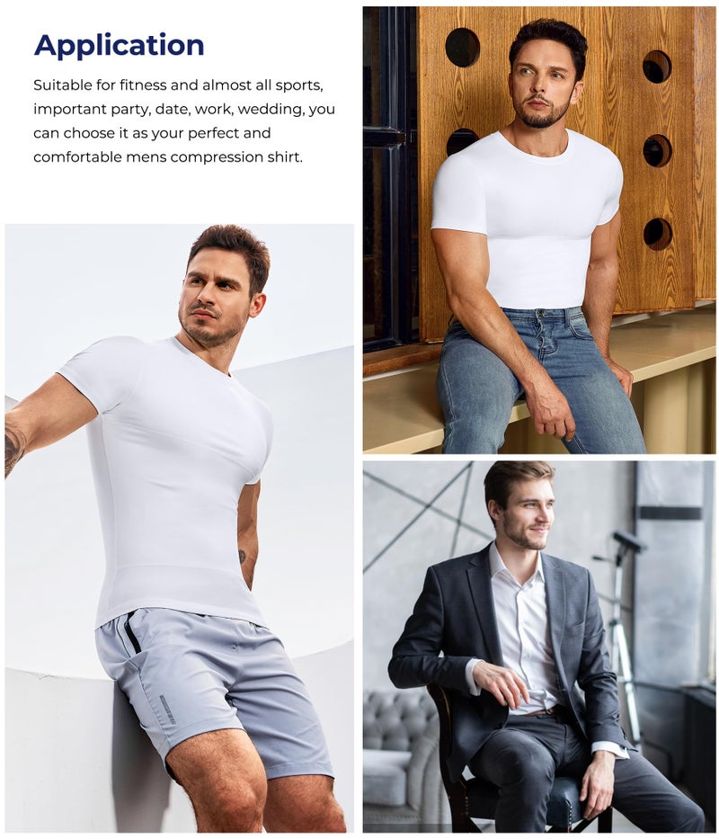 TAILONG Short Sleeve Compression Shirt Men - Shapewear Slimming Undershirt Body Shaper Tank Top Workout Shirts White - Image 2