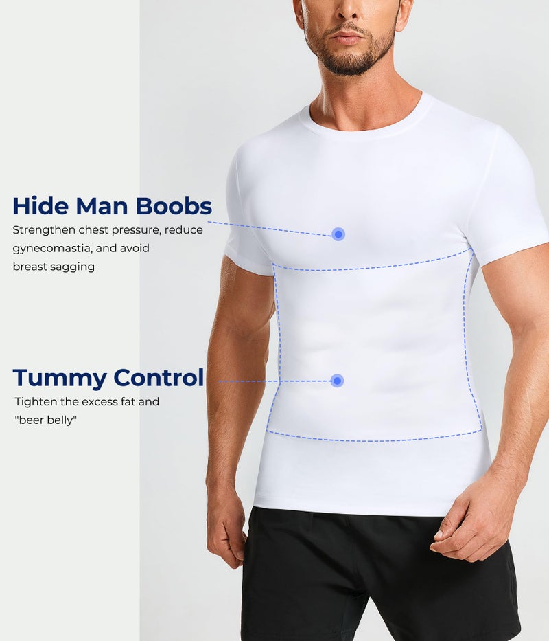 TAILONG Short Sleeve Compression Shirt Men - Shapewear Slimming Undershirt Body Shaper Tank Top Workout Shirts White - Image 4
